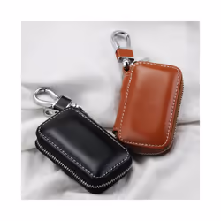 Genuine Leather Car Key Fob Case Cover Keychain Zipper Bag Protector - Brown