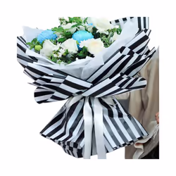 CURTEK 20 Sheets Korean Style Flower Wrapping Paper 23x23'' Waterproof Bouquet Wrapping Paper Black White Stripes Floral Wrapping Paper for Wedding Va