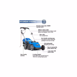Hyundai 1600w 230v Corded Electric Rotary Lawnmower With Rear Roller, 38cm Cutting Width, Mulching, 30l Box, 5 Heights, 10m Power Cable,