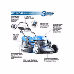 Hyundai HYM530SPE Self-Propelled Petrol Lawn Mower, (rear wheel drive), 21â/53cm Cut Width, Electric (push button) Start With Pull-Cord Back -Up - 3