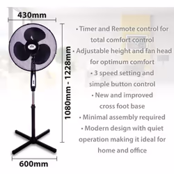 Prem-I-Air 16 Inch Oscillating Pedestal Fan with 3 Speed Settings with Remote - BLACK