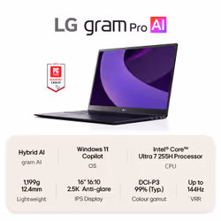 LG Gram Pro 16Z90TP-G.AA78A1 laptop Intel Core Ultra 7 225H 40.6 cm (16") 2.5K 16 GB LPDDR5x-SDRAM 1 TB SSD Wi-Fi 7 (802.11be) Windows 11 Home Black