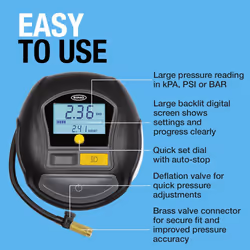 Ring Automotive RTC1000 12V rapid tyre inflator air compressor car pump preset digital pressure gauge memory function 2 min inflation LED light