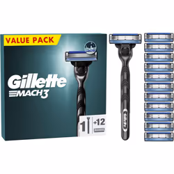 Gillette Mach3 Men's Razor + 12 Razor Blade Refills, 3 Blades for a Smooth Shave, Fits All Mach3 Handles