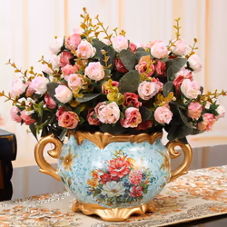 Houda Artificial Silk Fake Flowers Rose Floral Decor Bouquet Pack of 2 (Pink Coffee)