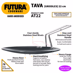Hawkins Futura 26 cm Flat Tava, Hard Anodised Tawa with Stainless Steel Handle, Tawa with Rim, P - Flat - Hard Anodised, 22cm - Stainless Steel Handle