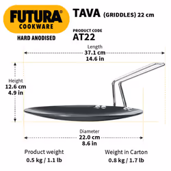 Hawkins Futura 26 cm Flat Tava, Hard Anodised Tawa with Stainless Steel Handle, Tawa with Rim, P - Flat - Hard Anodised, 22cm - Stainless Steel Handle
