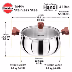 Hawkins 4 Litre Cook n Serve Handi with Glass Lid  Induction Compatible Tri-Ply Stainless Steel Cookware  Cooking Pot  Saucepan  Silver (SSH40G)