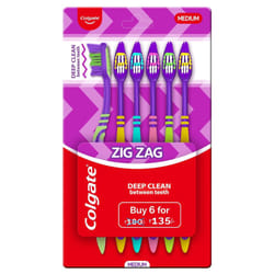Colgate ZigZag Toothbrush for Deep Inter dental Clean with multi angle zig zag bristles Medium  Pack of 6