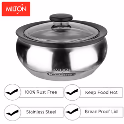Milton ClearSteel Hot Pot Keep Warm/Cold Insulated Casserole with Stainless Steel Insert and Clear Lid  1500ml/Small  Silver