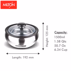 Milton ClearSteel Hot Pot Keep Warm/Cold Insulated Casserole with Stainless Steel Insert and Clear Lid  1500ml/Small  Silver
