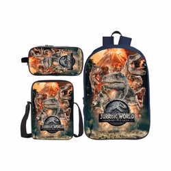3Pcs/Set Printing 3D Animal Jurassic Park Dinosaur Kids Baby School Backpack - photo color