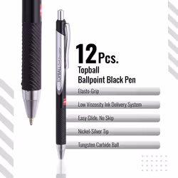 Topball Grip Black Retractable Ballpoint Pens | Medium Point (1.0 mm) | Black Pens | Pack of 12 Biro, Ball Point Pens; Ideal for School, Work, Home
