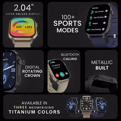 HAMMER Arctic 2.04" Super AMOLED Smart Watch, Metallic Build, BT Calling, Rotating Crown, Split Screen, Health Tracking, Smart Watch fo - Powder Black