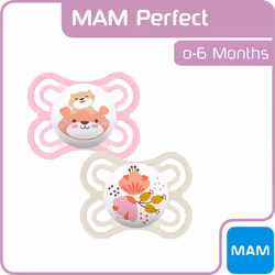 MAM Perfect Soothers 0+ Months (Pack of 2), Thinner and Softer Baby Soothers with Self Sterilising Travel Case, Newborn Essentials, Pink (Designs May