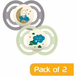 Perfect Soothers 12+ Months (Pack of 2), Thinner and Softer Baby Soothers with Self Sterilising Travel Case, Newborn Essentials, White/Grey (Designs