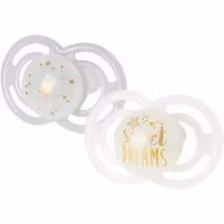 Perfect Soothers 12+ Months (Pack of 2), Thinner and Softer Baby Soothers with Self Sterilising Travel Case, Newborn Essentials, White/Grey (Designs