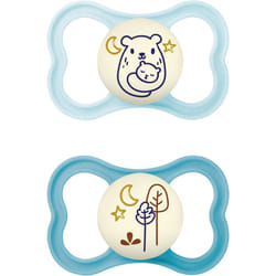 Air Night Soothers 6 Months+ (Pack of 2), Glow in The Dark Baby Soothers with Self Sterilising Travel Case, Newborn Essentials, Blue, (Designs May