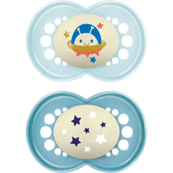Original Night Soother 16+ Months (Pack of 2), Sustainable Baby Soother, SkinSoft Silicone Teat, Glow in the Dark Soother, Blue (Designs May Vary)