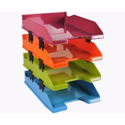 Set of 4 letter trays for documents in A4+ format. assorted colours. 12 distance spacers included to be able to increase the ...