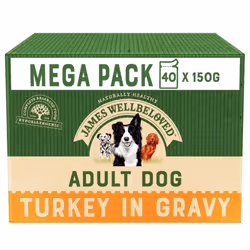 40 x 150g James Wellbeloved Adult Natural Dog Food Pouches Turkey &Rice in Gravy