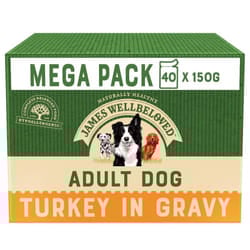 40 x 150g James Wellbeloved Adult Natural Dog Food Pouches Turkey &Rice in Gravy