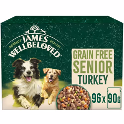 96 x 90g James Wellbeloved Grain Free Senior Wet Dog Food Turkey in Gravy Pouch