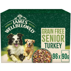96 x 90g James Wellbeloved Grain Free Senior Wet Dog Food Turkey in Gravy Pouch