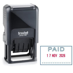 Trodat 4750/L2 Eco Self Inking Word and Date Stamp PAID 39x23mm Blue/R
