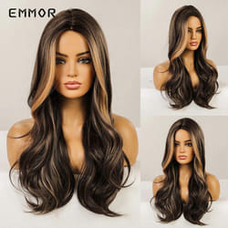 Long Middle Part Hair HairTypeWigs Black Brown with Blonde Highlights Cosplay Party Wavy Fashion Heat Resistant Synthetic TypeWig for Women