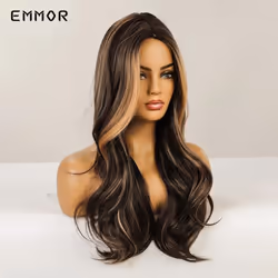 Long Middle Part Hair HairTypeWigs Black Brown with Blonde Highlights Cosplay Party Wavy Fashion Heat Resistant Synthetic TypeWig for Women