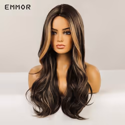Long Middle Part Hair HairTypeWigs Black Brown with Blonde Highlights Cosplay Party Wavy Fashion Heat Resistant Synthetic TypeWig for Women