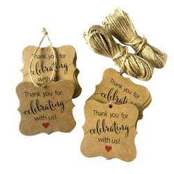 100 Pcs for Celebrating with Us Tags Kraft Paper Tags with Natural Twine for Baby Shower,Christmas,Wedding and Party Decoration