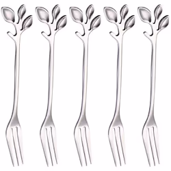 Stainless Steel Fork, Leaf-Shaped Handle Dessert Fork Fruit Salad Meat Kitchen Accessories. Silver 5 Items