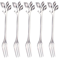 Stainless Steel Fork, Leaf-Shaped Handle Dessert Fork Fruit Salad Meat Kitchen Accessories. Silver 5 Items