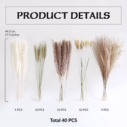 Natural Pampas Grass Decor 40 Pieces, 45cm Natural Dried White Bunny Tail Wheat Dust Pampas Grass Plant Boho Decor