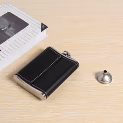 Pocket Hip Flask 8 Oz with Funnel Stainless Steel with Black Leather Wrapped Cover and Leak Proof - Fits any Suit for Discrete