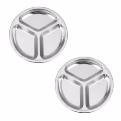 2X Stainless Steel 3 Sections Round Divided Dish Snack Dinner Plate Diameter 24Cm
