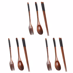 3X Wooden Flatware Set, Wooden Portable Set Chopsticks Spoon Fork Tableware Dinnerware with Black Twining Thread