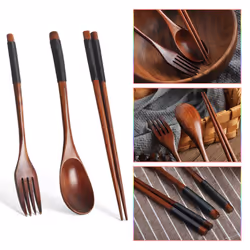 3X Wooden Flatware Set, Wooden Portable Set Chopsticks Spoon Fork Tableware Dinnerware with Black Twining Thread