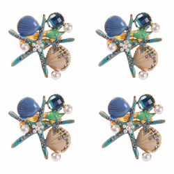 4Pcs Napkin Rings,Pearl Rhinestone Ocean Nautical Napkin Ring Holders Napkin Buckle for Party,Blue