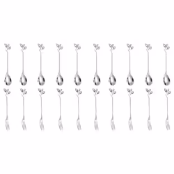 10Spoon+10Forks Stainless Steel Leaf Coffee Cake Spoon Fork Dessert Spoons, Stirring Teaspoon Set Silver