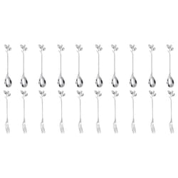10Spoon+10Forks Stainless Steel Leaf Coffee Cake Spoon Fork Dessert Spoons, Stirring Teaspoon Set Silver