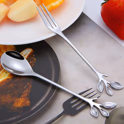 10Spoon+10Forks Stainless Steel Leaf Coffee Cake Spoon Fork Dessert Spoons, Stirring Teaspoon Set Silver
