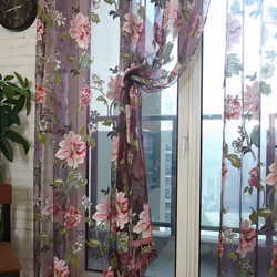 Glass Door Decorative Curtain Bedroom Voile Curtain Tulle with Lace Ham Pendants French Window Drape Sheer, Purple