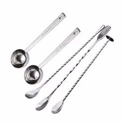 2 tablespoon measuring spoons, coffee spoon, 30ml metal and 3 stainless steel spiral pattern mixing spoons