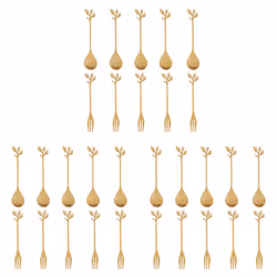 15 Spoons + 15 Forks Stainless Steel Leaf Coffee Cake Spoon Fork Dessert Spoon Mixing Teaspoon Set Golden