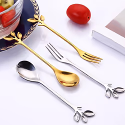 15 Spoons + 15 Forks Stainless Steel Leaf Coffee Cake Spoon Fork Dessert Spoon Mixing Teaspoon Set Golden