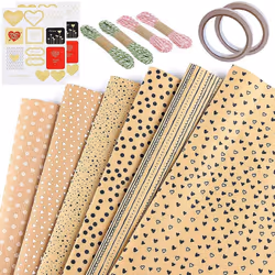 Kraft Wrapping Paper Set,12 Sheets Brown Gift Wrap Paper Multi Pattern Lattice Wave Dot Stripe for Holiday Wedding Wrap