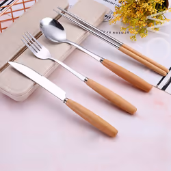 Portable Utensils Set with Case-8 Pieces Wood Handle Reusable Flatware Set Fork Spoon Stainless Steel with Carry